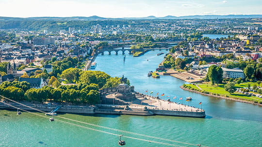 Deutsche Eck at the confluence triangle of the Rhine and the Moselle rivers in Koblenz, Germany